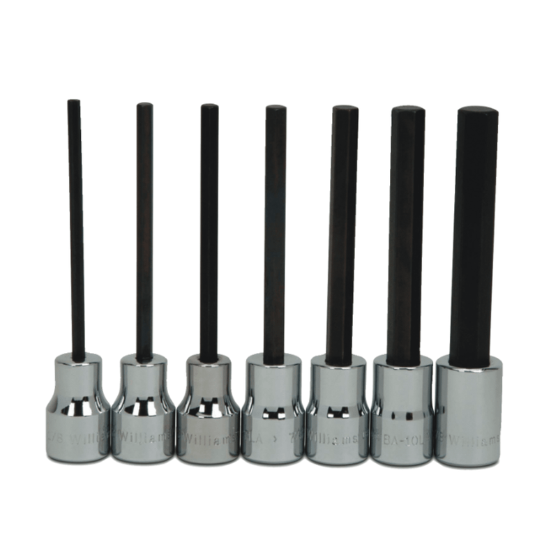 Socket Set on Rail and Clips 3/8" Drive -Point SAE Bit Long Hex Bit 7pc - Williams
