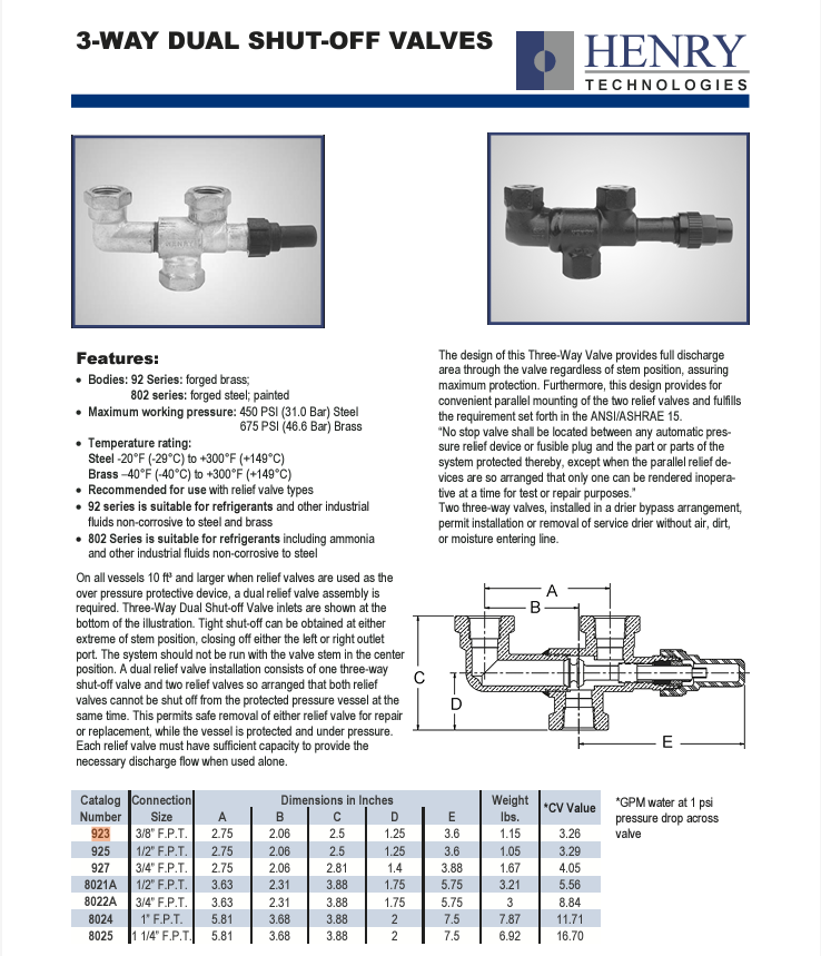 Henry 923 Three Way Valve, Packed Stem Dual Shut-Off - Brass, 3/8 FPT