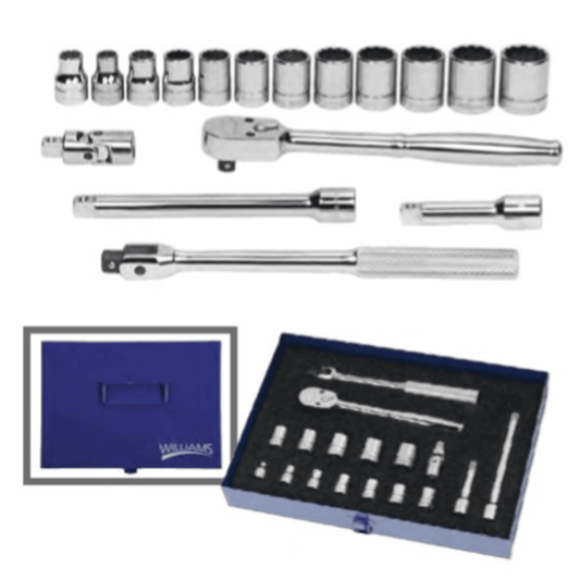 Williams MSB-17FTB, Socket and Drive Tool Set, 3/8" Drive 12-Point Metric Shallow, 17-piece