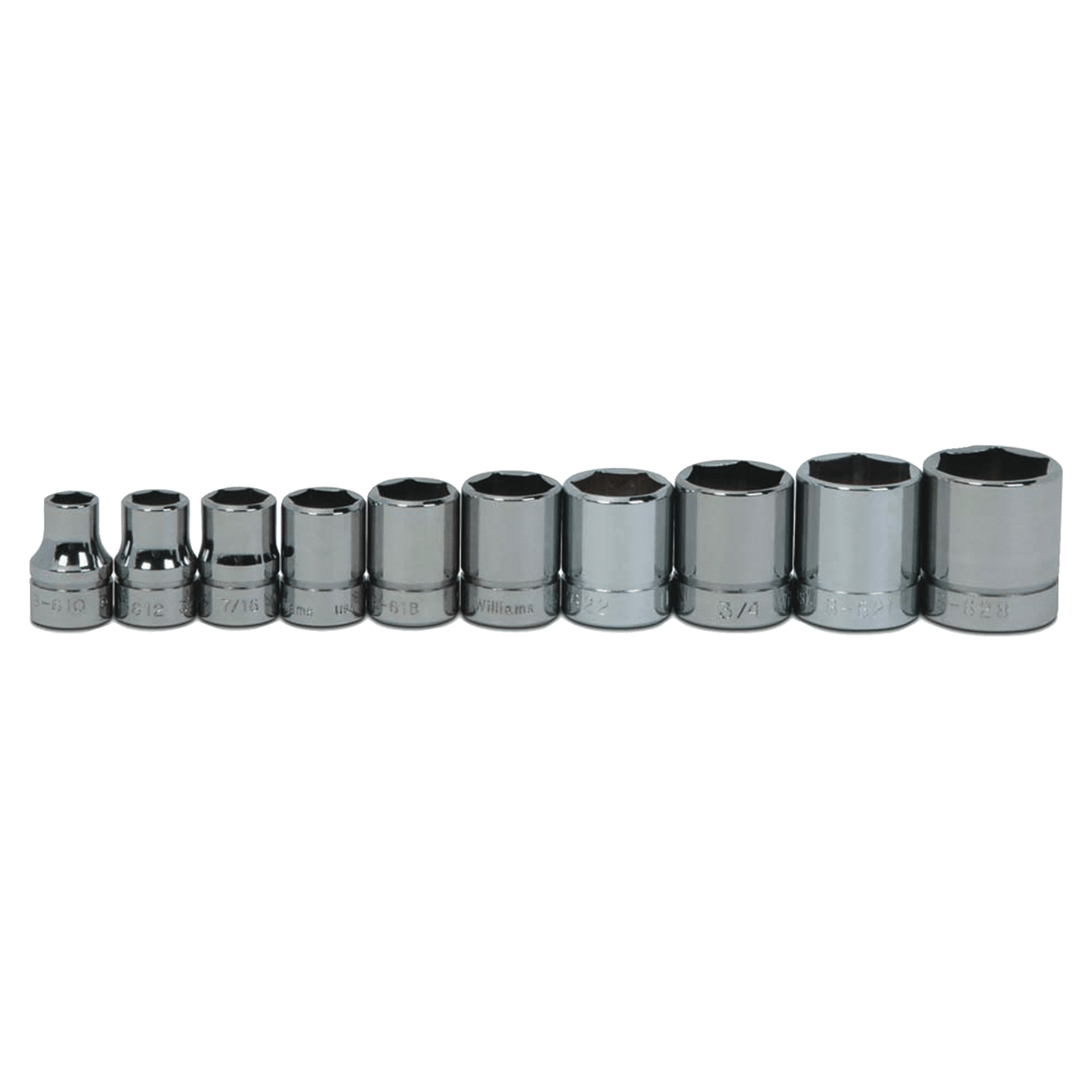 Williams WSB-10HRC, 10pc 3/8" Drive 6-Point SAE Shallow Socket Set on Rail and Clips