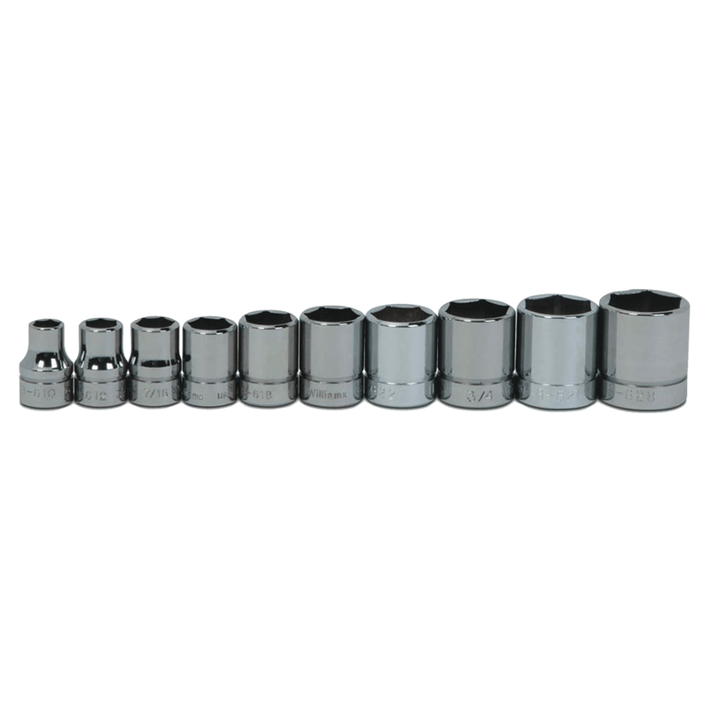 Socket Set on Rail and Clips 3/8" Drive 6-Point SAE Shallow 10pc - Williams
