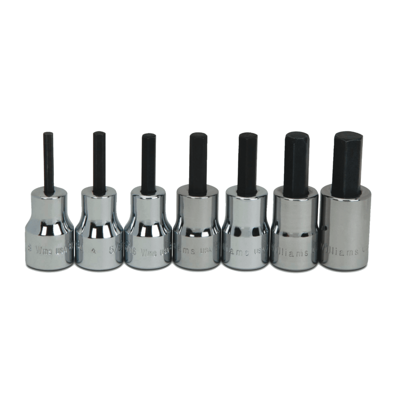 Socket Set on Rail and Clips 3/8" Drive -Point SAE Bit Standard Hex Bit7 pc   - Williams