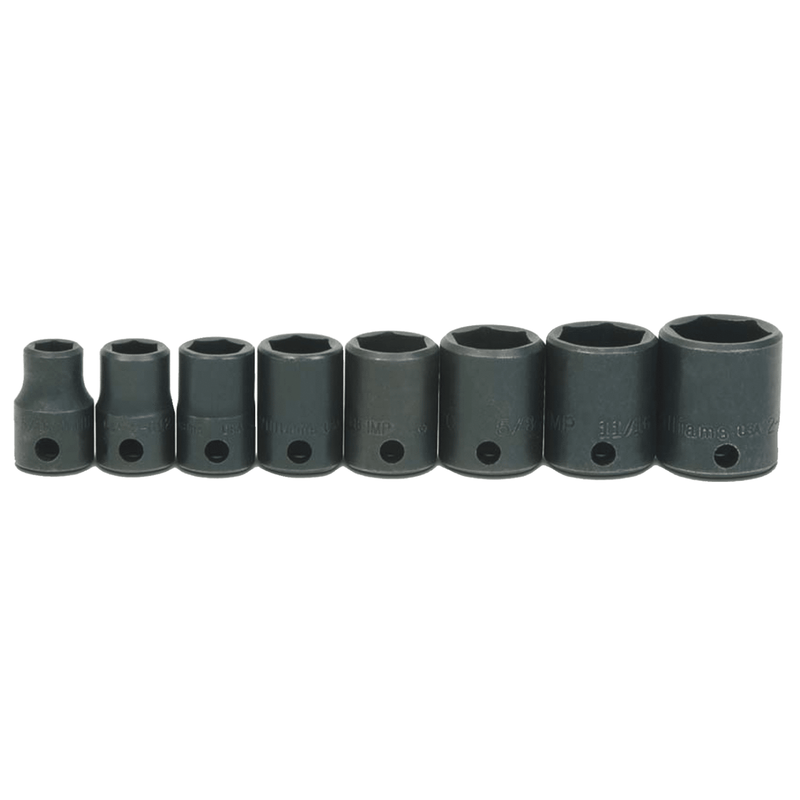Socket Set on Rail and Clips 3/8" Drive 6-Point SAE Shallow 8 pc - Williams