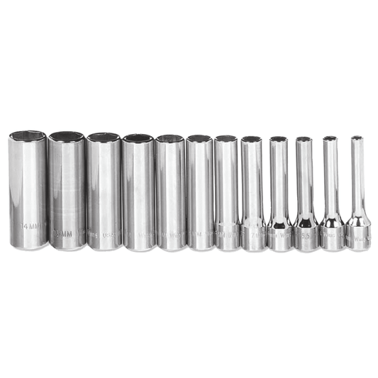Williams MSMD12HRD, 12pc 1/4" Drive 6-Point Metric Deep Socket on Rail and Clips