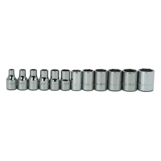 Williams MSM-12HRC, 12 pc 1/4" Drive 6-Point Metric Shallow Socket Set on Rail and Clips