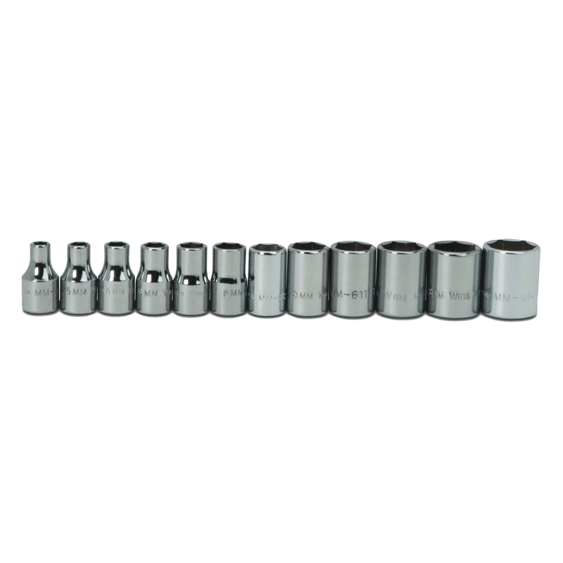 Socket Set on Rail and Clips 1/4" Drive 6-Point Metric Shallow 12 pc - Williams