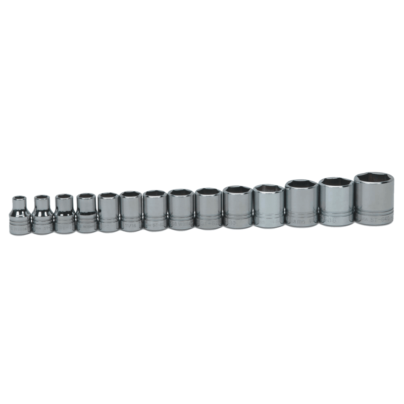 Socket Set on Rail and Clips 1/2" Drive 6-Point SAE Shallow 14 pc  - Williams