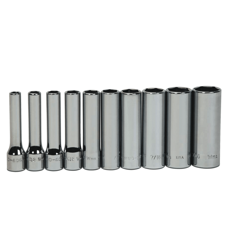Socket Set on Rail and Clips  1/4" Drive 6-Point SAE Deep 10pc - Williams
