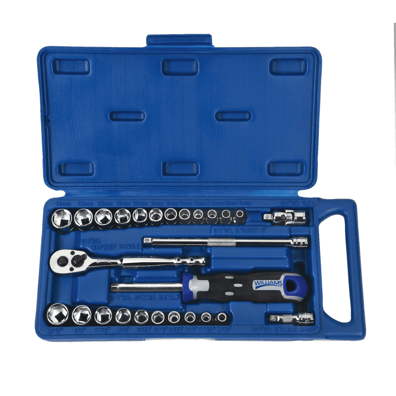 Socket and Drive Tool Set 1/4" Drive , SAE & Metric, 6 Point 27pc - Williams