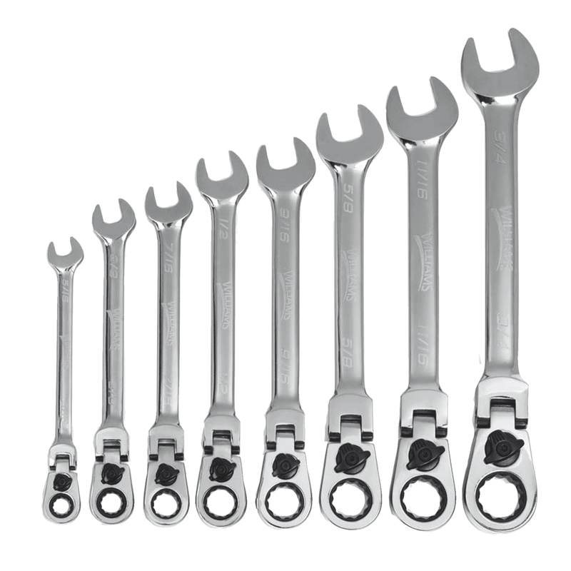 Combination Wrench 12-Point SAE Flex-Head Reversible Ratcheting 8 pc - Williams