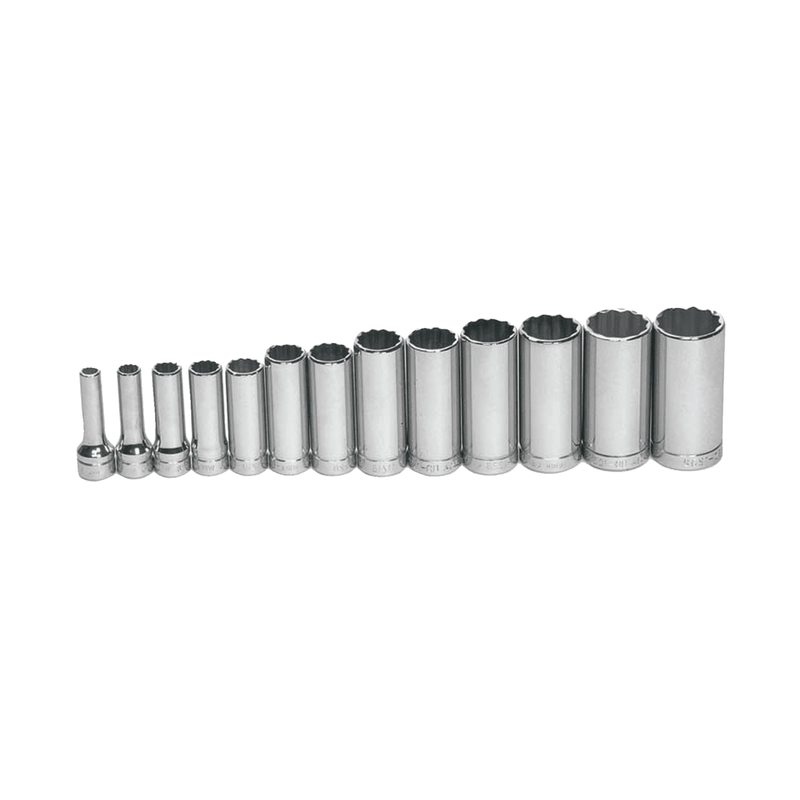 Socket Set on Rail and Clips 3/8" Drive 12-Point SAE Deep 13 pc - Williams